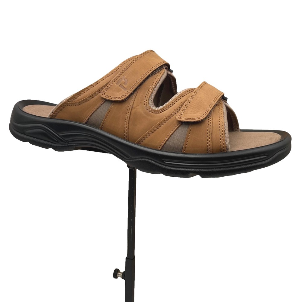 Propet Men's Slip-on Leather Sandals Size 12 Brown Adjustable Straps Lightweight
